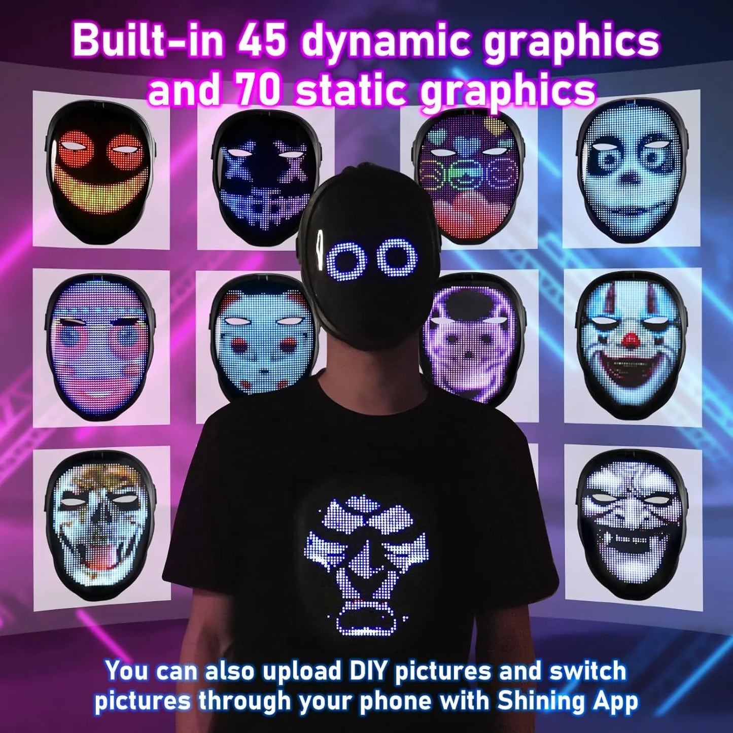 Bluetooth APP Light Up LED Mask Diy Picture Animation Text Halloween Christmas Carnival Costume Party Game Child Masks Deco GIFT