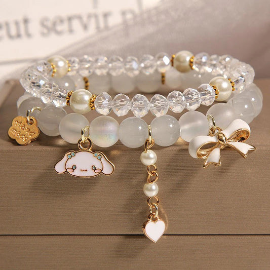 1Pc Anime Sanrio Bracelet Cinnamoroll Bow Crystal Beads Bracelet Kawaii Cinnamorol Kuromi Pendant Accessories Jewelry Gift