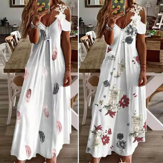 Maxi Dress for Women Feather Printed Lace Sling Ladies Loose-Fitting Hollow Out A-Line Long Dress Streetwear for Party