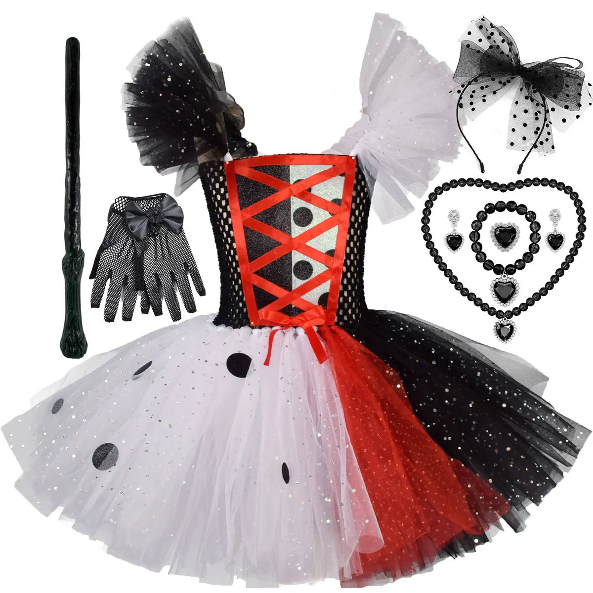 2025 Classic Girl Cosplay Clown Pure White + Black Princess Puffed Skirt Halloween Easter Festival Party Dress+ Accessories Set
