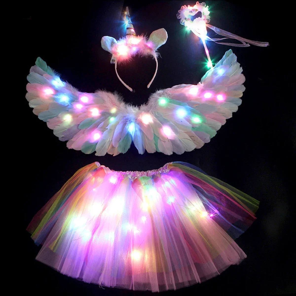 Women Girls Angel Feather LED Wings Halo Light Up Angel Wings Fairy Wands Glow Tutu Skirt Carnival Halloween Cosplay Costume