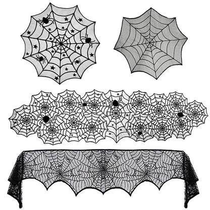 2025 Halloween Decoration Lace Spider Web Skeleton Skull Tablecloth Black Fireplace Mantel Scarf Event Party Supplies