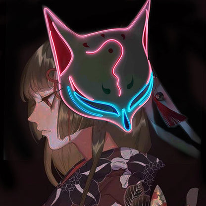 Glowing  Demon Slayer Mask Cosplay Japanese Cartoon Neon Light Samurai Mascara Luminous Led Fox Mask for Halloween Christmas