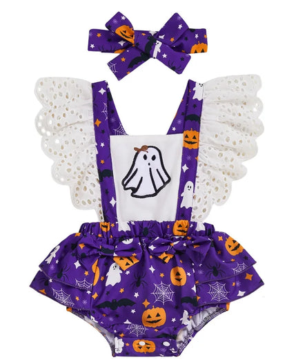 Halloween Costume Romper Baby Girl Clothes Flying Sleeves Cute Pumpkin Ghost Jumpsuit Infant Girls Holiday Party Fancy Dress