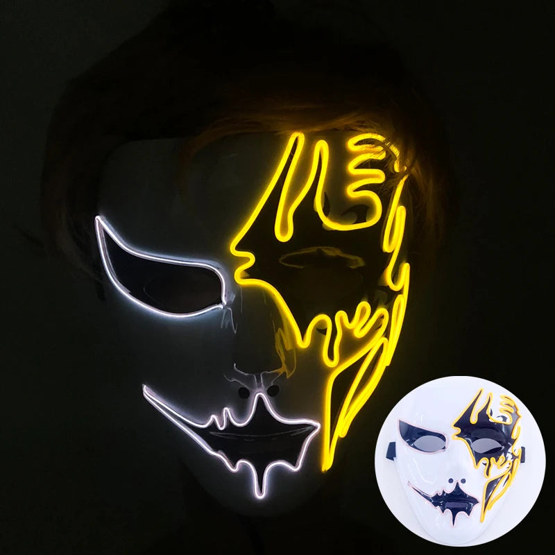 LED Hand-Painted Mask Halloween Carnival Masquerade Cosplay Horror Accessory Men's Mask Weird Face Mask Glowing Mascara Disfraz