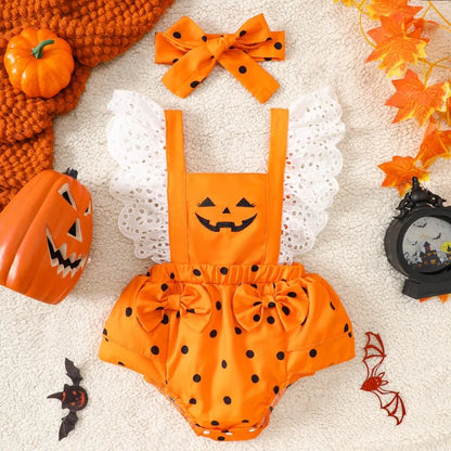 Halloween Costume Romper Baby Girl Clothes Flying Sleeves Cute Pumpkin Ghost Jumpsuit Infant Girls Holiday Party Fancy Dress