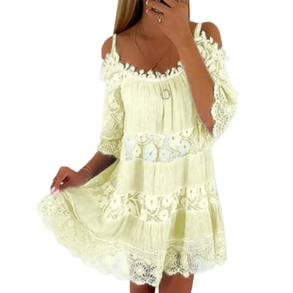 Embroidery Crochet Lace Cold Shoulder Mini Dress Women Scoop Neck Half Sleeves Mid-Rise Loose Fit Summer Dress Lady Beach Dress