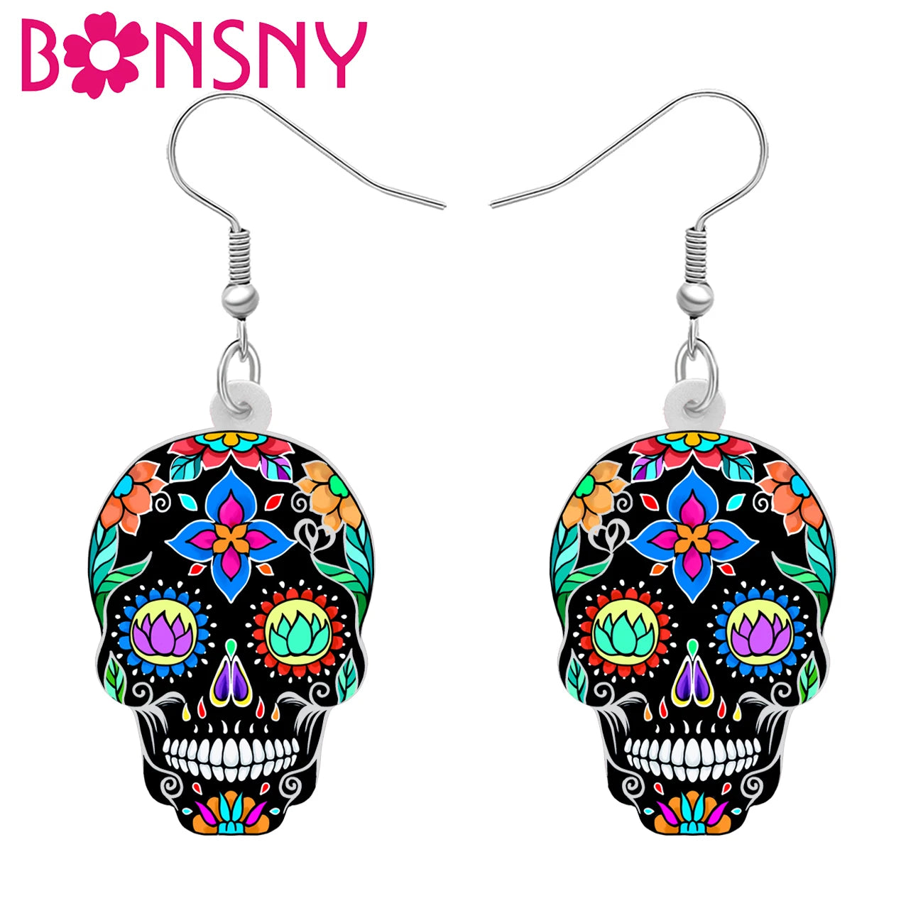 BONSNY Acrylic Halloween Decorations Floral Sugar Skull Skeleton Earrings Drop Dangle for Women Girls Teens Novelty Punk Gifts