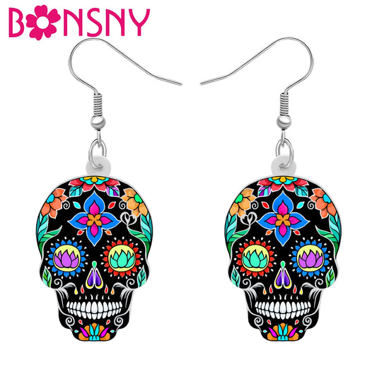 BONSNY Acrylic Halloween Decorations Floral Sugar Skull Skeleton Earrings Drop Dangle for Women Girls Teens Novelty Punk Gifts