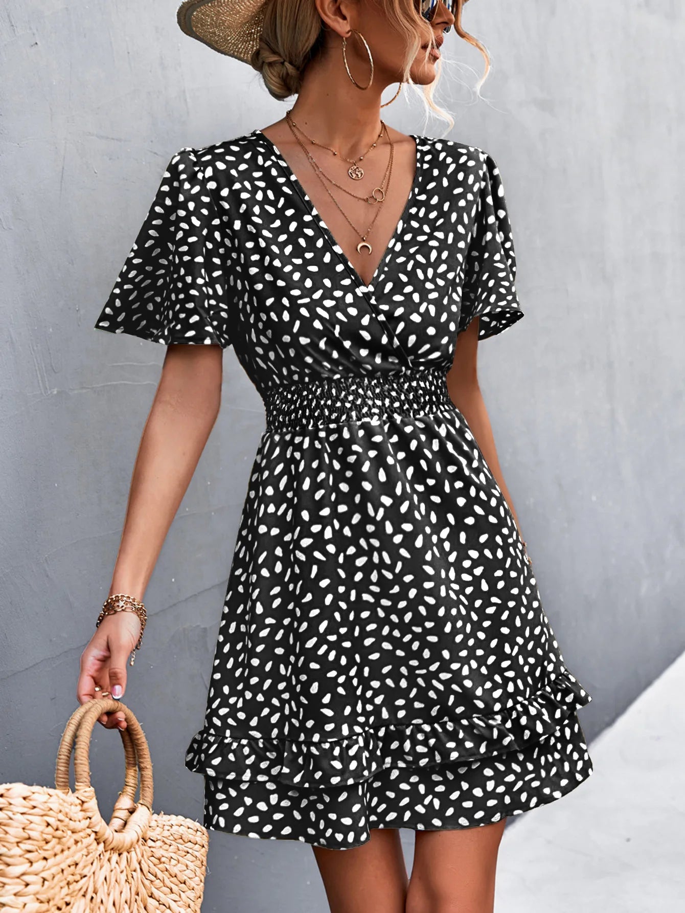 Elegant Women Dot Print Pattern Dress V-Neck Ruffles Sleeve Casual Sweet Fashion Boho Dress Women Summer Dresses Beach Holidays