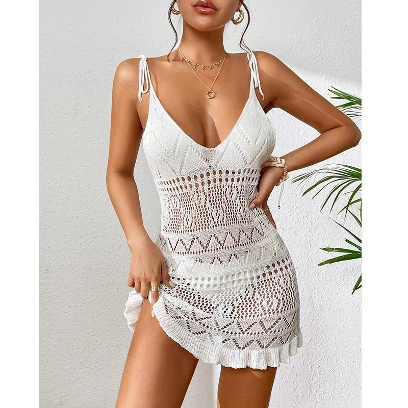 Sexy Womens Crochet Beach Dress See-Through Beachwear Pareo Swimsuit Woman Bathing Suit White Dress Beach Cover Up Women Holiday