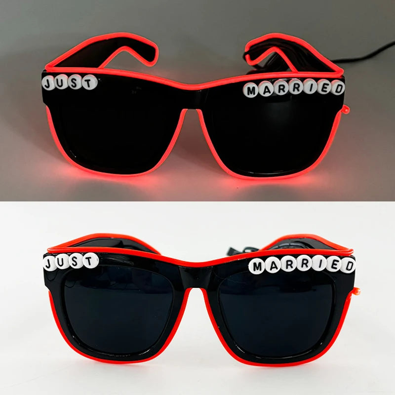 White Just Married LED Luminous Glasses Heart Shaped EL Neon Decorative Glasses Engagement  Wedding Bridal Shower Props