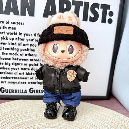 For 17cm Labubu Doll Black Leather Jacket & Inertia Bike Set Cool Biker Outfit Ropa Labubu Doll Accessory
