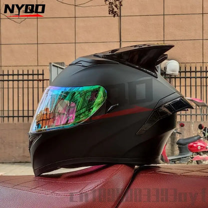 Orz Motorcycle  Full Face Helmet Dual Lens Racing Helmet Personality Horns Modular Flip Up Helmets DOT Approved
