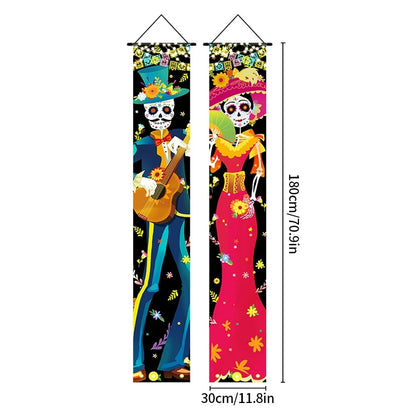 Mexican Day of the Dead Halloween Couplet Scary Skeleton Couple Flag Halloween Decoration Hanging Flag Banner Door Decor