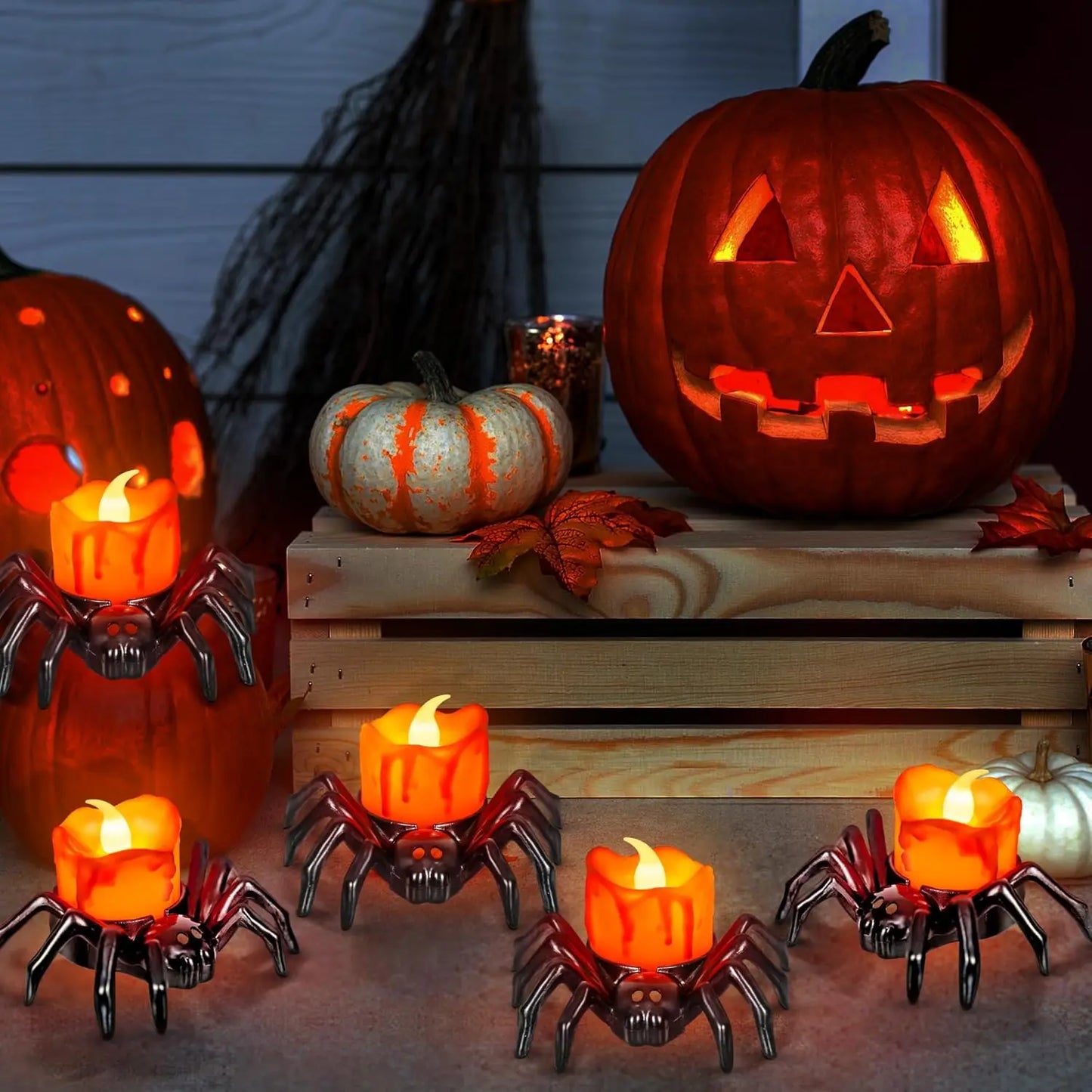 Halloween Spider Candle Lights, Halloween Orange Flameless Candle Lights LED Lights Halloween Lights Holiday Decoration Lights F