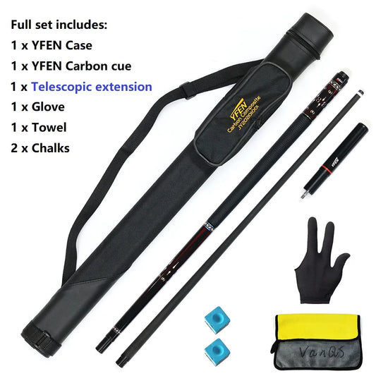 YFen Carbon Fiber Billiard Pool Cue 1/2-Pc With Cue Bag and Extension Kit Gift Set