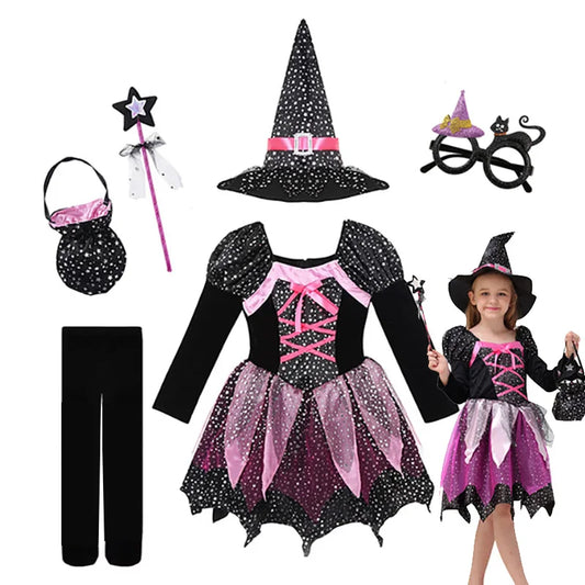 Kids 2025 Halloween Witch Costume for Girls Carnival Party Evil Lovely Witch Vestidos Set Dress+Hat+Magic Wand+Bag Clothes Set