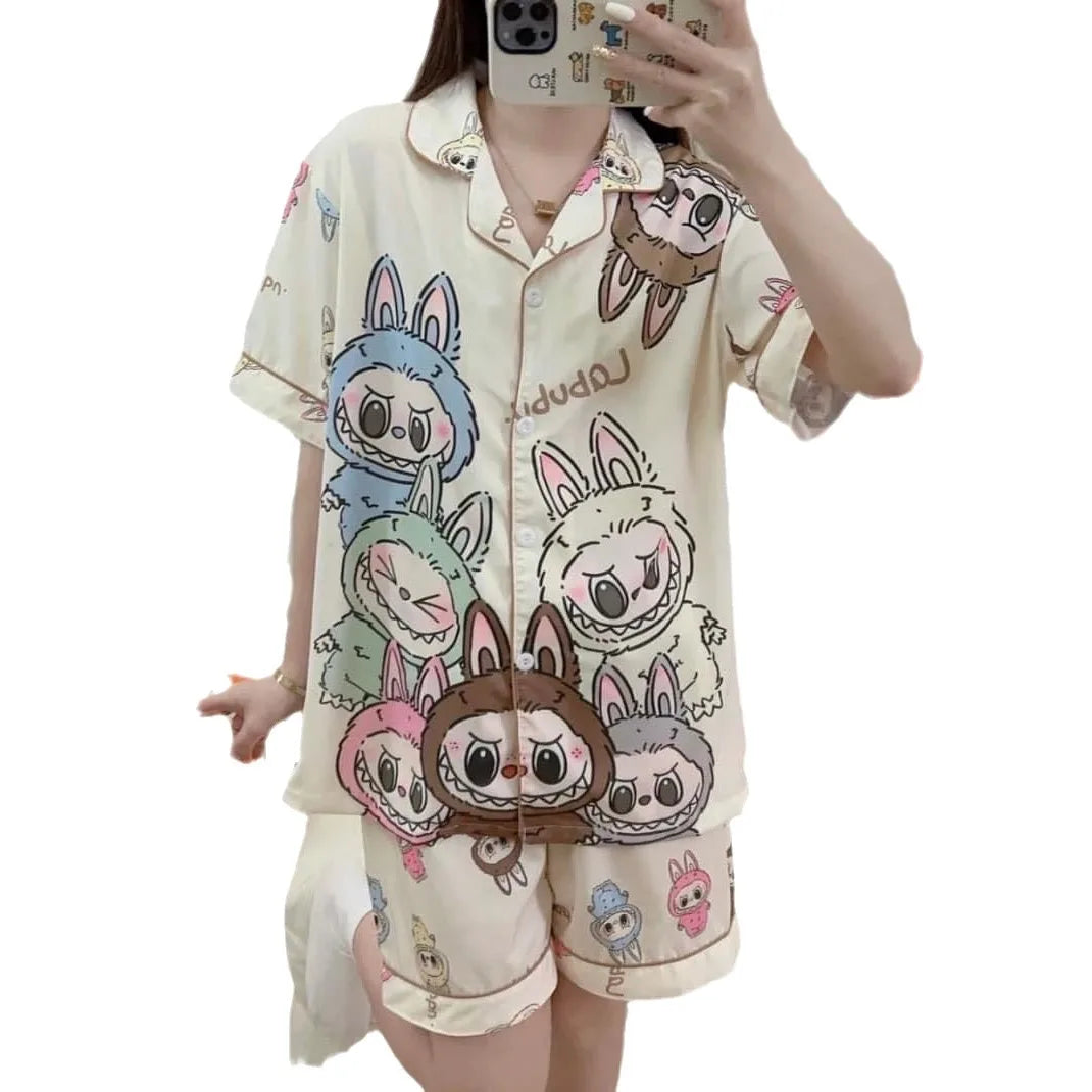 Cartoon Labubu New Pajamas Ladies Spring and Autumn Long Sleeve Suit High Sense Cartoon Fun Cardigan Home Clothes Women