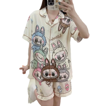 Cartoon Labubu New Pajamas Ladies Spring and Autumn Long Sleeve Suit High Sense Cartoon Fun Cardigan Home Clothes Women