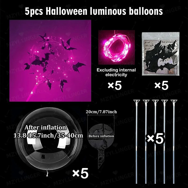 5pcs Halloween Glowing Balloon Set Transparent Bobo Balloon Bat Stickers Halloween Party Decoration Day of the Dead Decoration