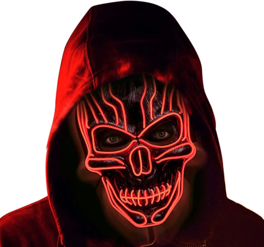 ILEBYGO LED Halloween Light Up Purge Scary Mask With EL Wire 3 Flashing-Modes for Festival, Party, Cosplay (Red)