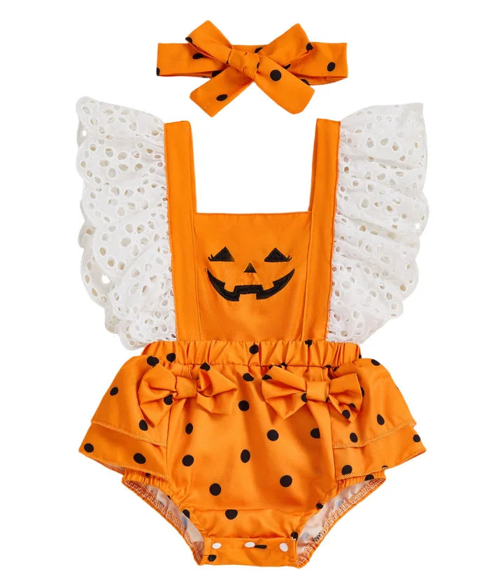 Halloween Costume Romper Baby Girl Clothes Flying Sleeves Cute Pumpkin Ghost Jumpsuit Infant Girls Holiday Party Fancy Dress