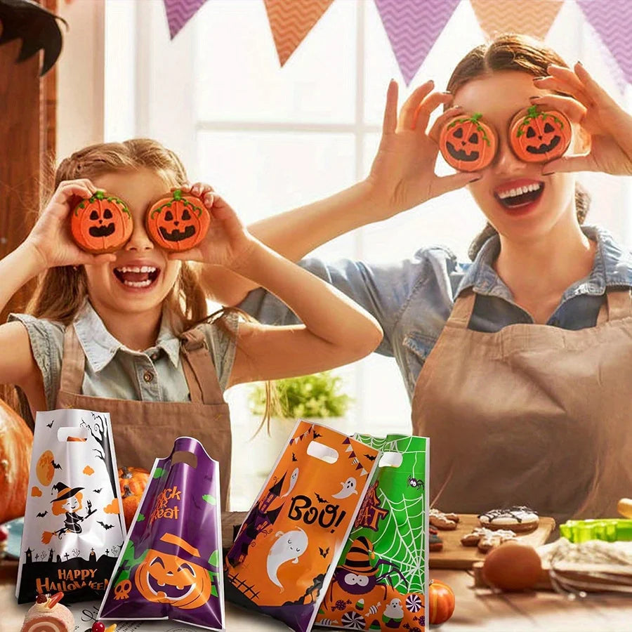 20-80pcs 9.8" Halloween Goodie Bags Trick or Treat Bags Plastic Candy Treat Bag With Handle Gift Bag for Halloween Party JXB