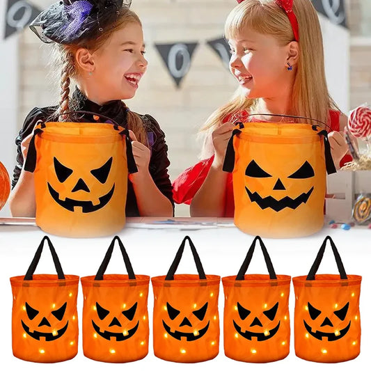LED Halloween Candy Bucket Glow in the Dark Trick or Treat Bag With Handle Reusable Party Favor Pail for Kids Adults