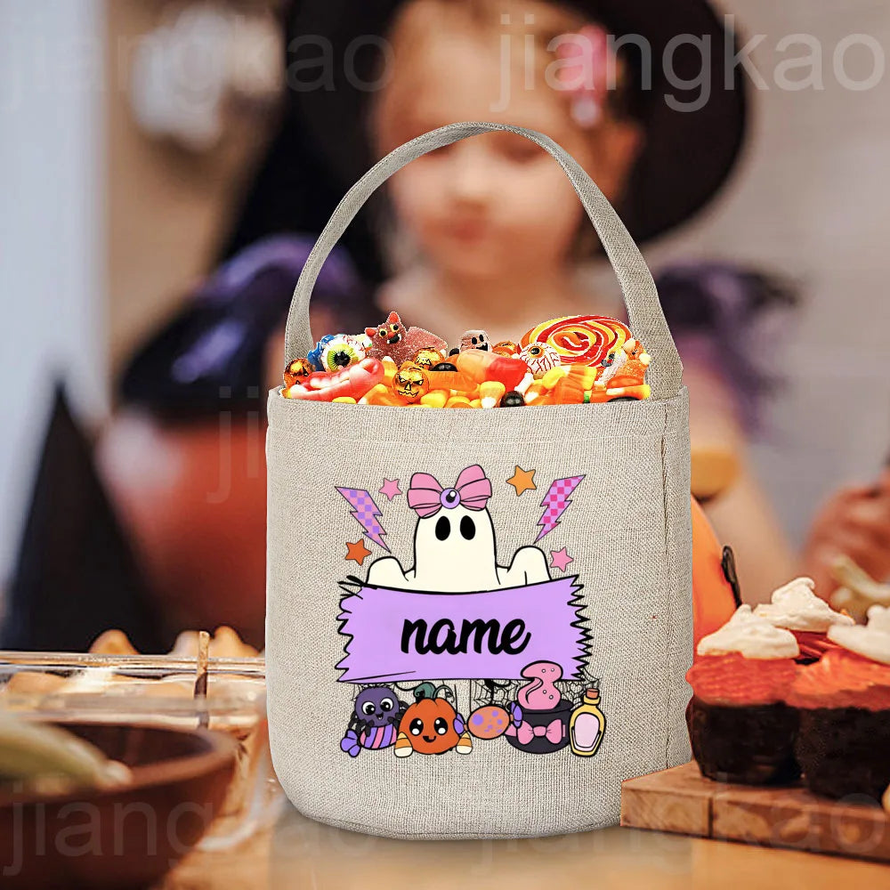 Personalized Trick or Treat Bag Custom Name Candy Bucket Bag Halloween Party Ghost Tote Bags Portable Cookie Basket Gift for Kid