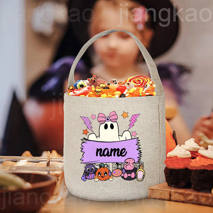 Personalized Trick or Treat Bag Custom Name Candy Bucket Bag Halloween Party Ghost Tote Bags Portable Cookie Basket Gift for Kid