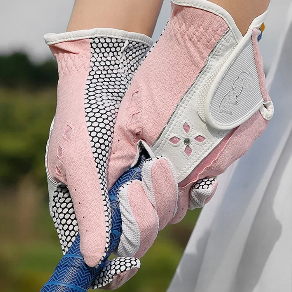 Golf Women's Gloves PU Leather Left and Right Hands 1 Pair of Anti Slip Particles With Breathable Outdoor Sports Gloves