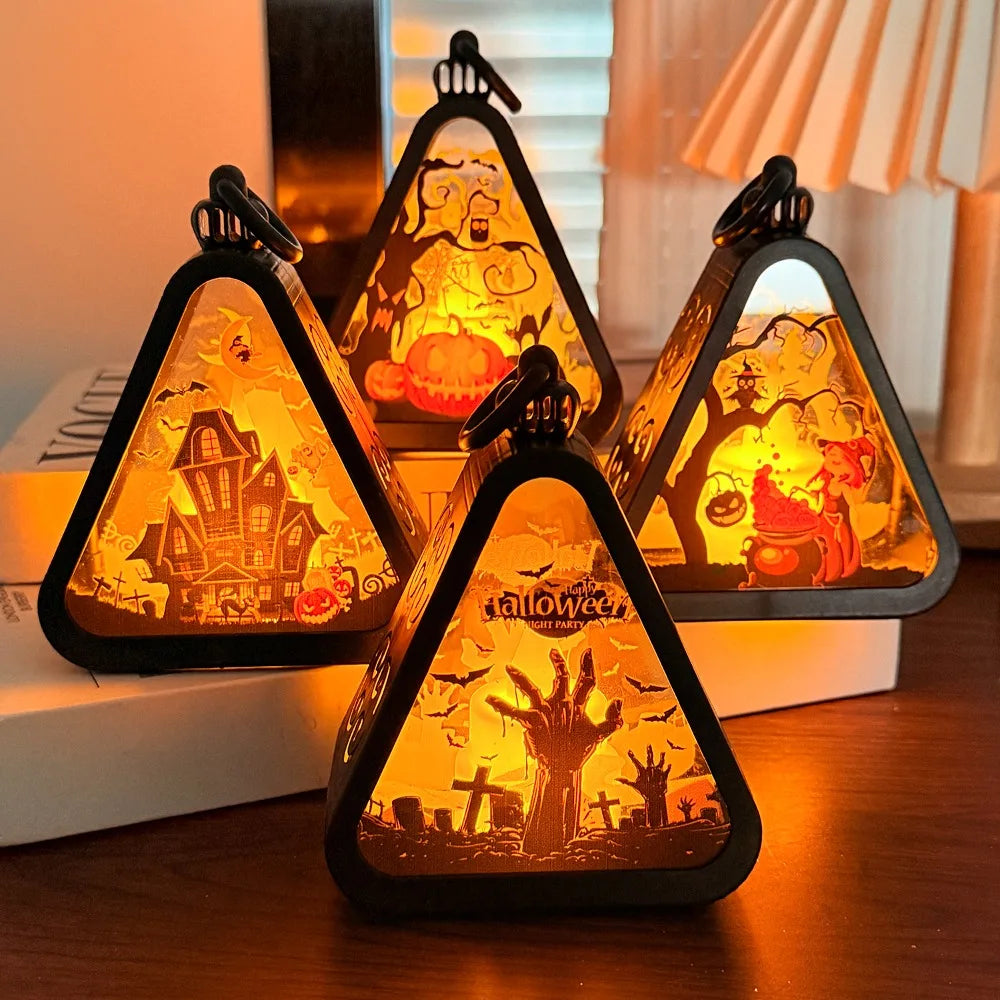 Halloween Pumpkin Lantern Plastic Witch Castle Ghost Triangle Lamp Table Ornaments Party Scene Props Halloween Home Decoration