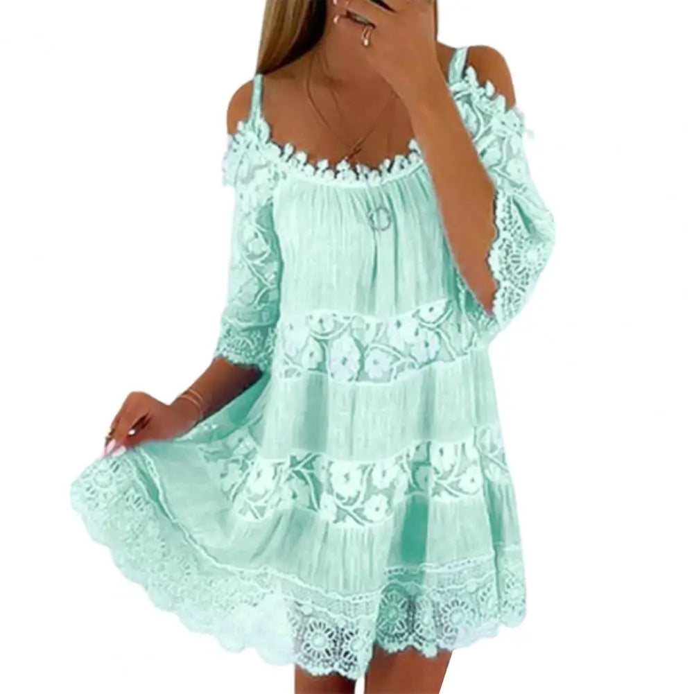 Embroidery Crochet Lace Cold Shoulder Mini Dress Women Scoop Neck Half Sleeves Mid-Rise Loose Fit Summer Dress Lady Beach Dress