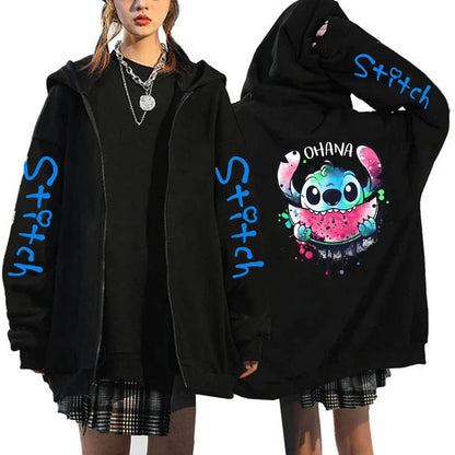 Oversized Y2k Zip-Up Hoodie Disney Women's Lilo & Stitch Costume Winter Clothes Woman Long Sleeve Warm Jacket Zip-Up Street Tops