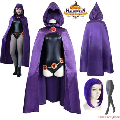 Women's TeenTitans-Raven Cosplay Costume Jumpsuit Purple Cloak With Belt Halloween Costume Uniform for Girls