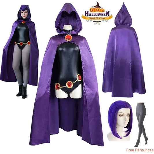 Women's TeenTitans-Raven Cosplay Costume Jumpsuit Purple Cloak With Belt Halloween Costume Uniform for Girls