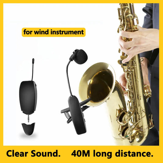 UHF Saxophone Mic Wireless Microphone System Clip on Musical Instruments for Saxophone Trumpet Sax Horn Tuba Flute Clarinet Pipe
