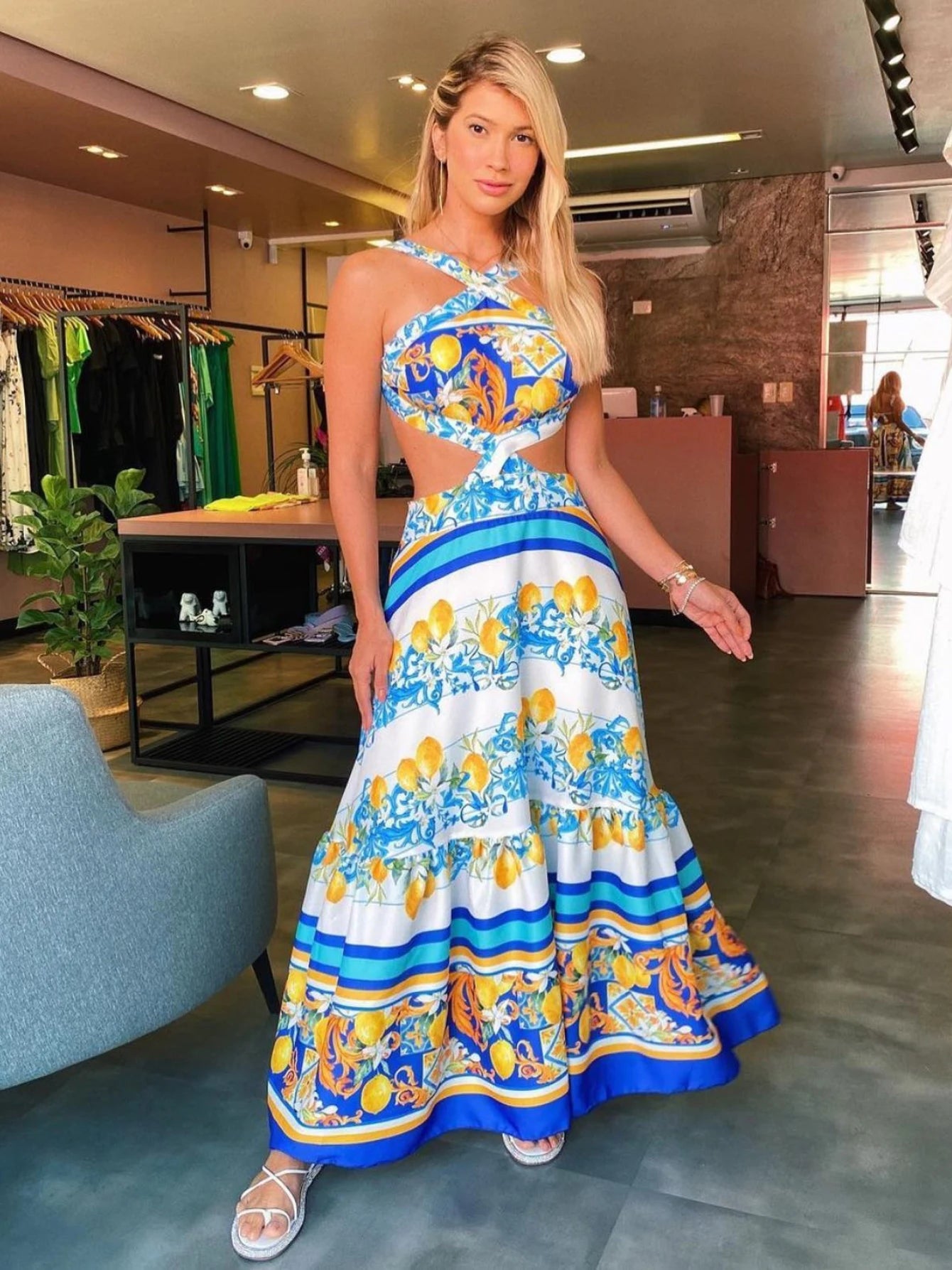 New Bohemian Sexy Printed Women Dresses Halter Sleeveless Backless Naked Waist Long Dress Fashion Summer Beach Holiday Robe