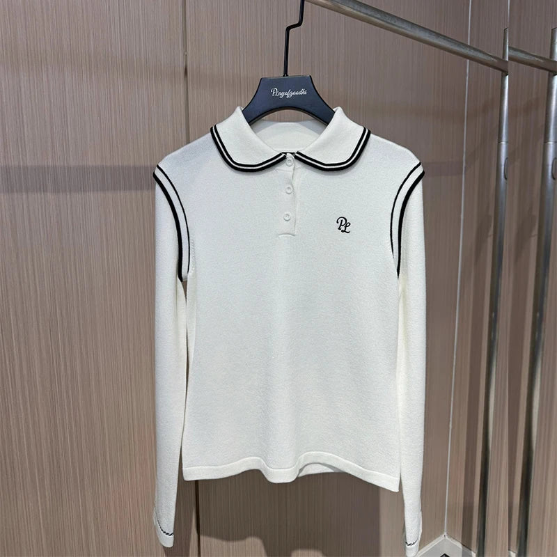 PL Autumn Spring Long Sleeve Golf Tops Women Warm Slim Sweater Ladies Soft Knitted Golf Tops Korean Lapel Pullover S-Xl