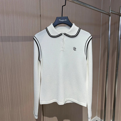 PL Autumn Spring Long Sleeve Golf Tops Women Warm Slim Sweater Ladies Soft Knitted Golf Tops Korean Lapel Pullover S-Xl
