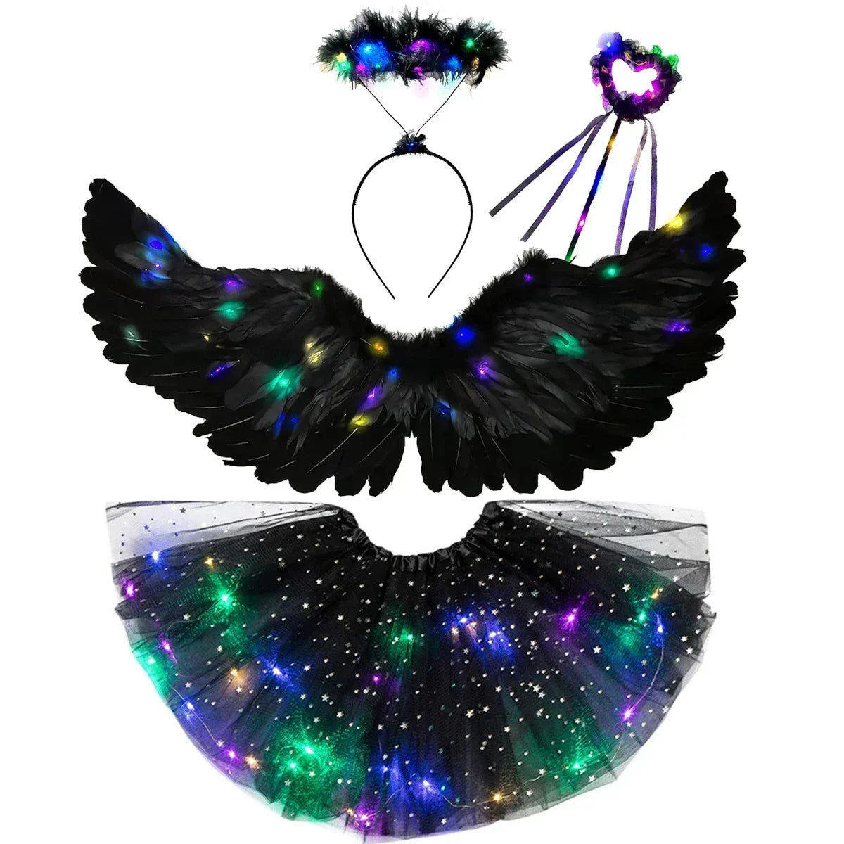 Women Girls Angel Feather LED Wings Halo Light Up Angel Wings Fairy Wands Glow Tutu Skirt Carnival Halloween Cosplay Costume