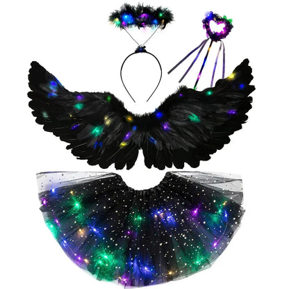 Women Girls Angel Feather LED Wings Halo Light Up Angel Wings Fairy Wands Glow Tutu Skirt Carnival Halloween Cosplay Costume