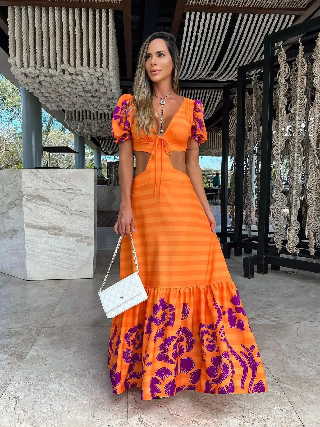 New Bohemian Sexy Printed Women Dresses Halter Sleeveless Backless Naked Waist Long Dress Fashion Summer Beach Holiday Robe