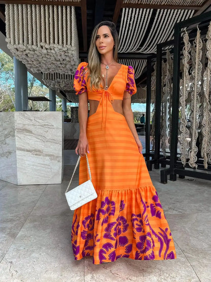 New Bohemian Sexy Printed Women Dresses Halter Sleeveless Backless Naked Waist Long Dress Fashion Summer Beach Holiday Robe
