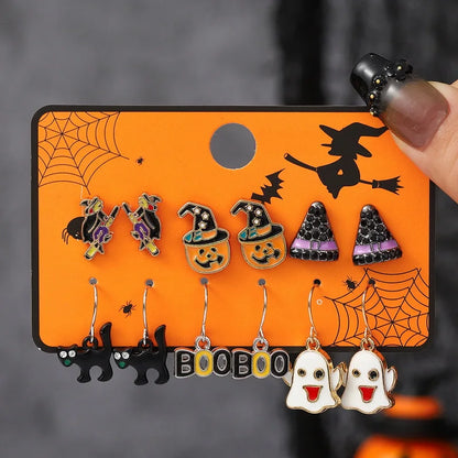 6pcs Women's Earrings Set Halloween Earrings for Women Fashion Creative Jewelry 2024 Bat Ghost Pumpkin Black Cat Stud Earrings