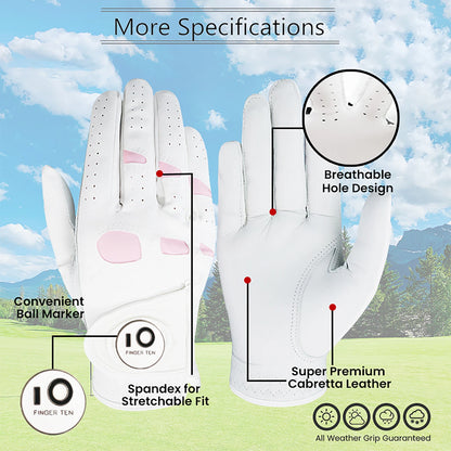 2 Pack or 1 Pair Cabretta Leather Womens Golf Gloves With Ball Marker Left Right Hand Extra Grip Ladies Sizes S M L XL