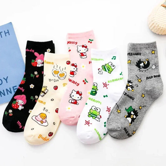 5 Pairs Kawaii Sanrio Mid-Calf Socks Hello Kitty Cartoon Anime Student Comfortable Keep Warm Protecting Feet Toys Girls Gifts