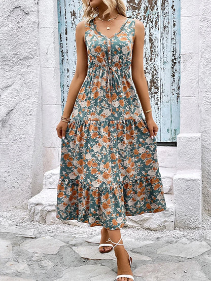 Elegant Floral Long Dress Women Summer Casual Bandage Sleeveless Ruffle Beach Dress Fashion Blue v Neck New in Dresses
