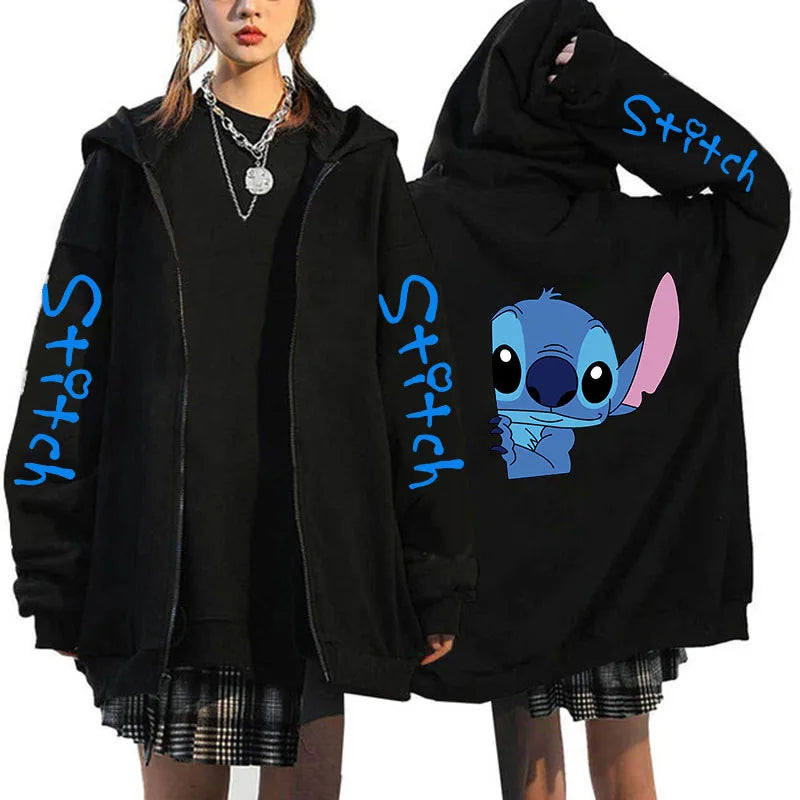 Oversized Y2k Zip-Up Hoodie Disney Women's Lilo & Stitch Costume Winter Clothes Woman Long Sleeve Warm Jacket Zip-Up Street Tops